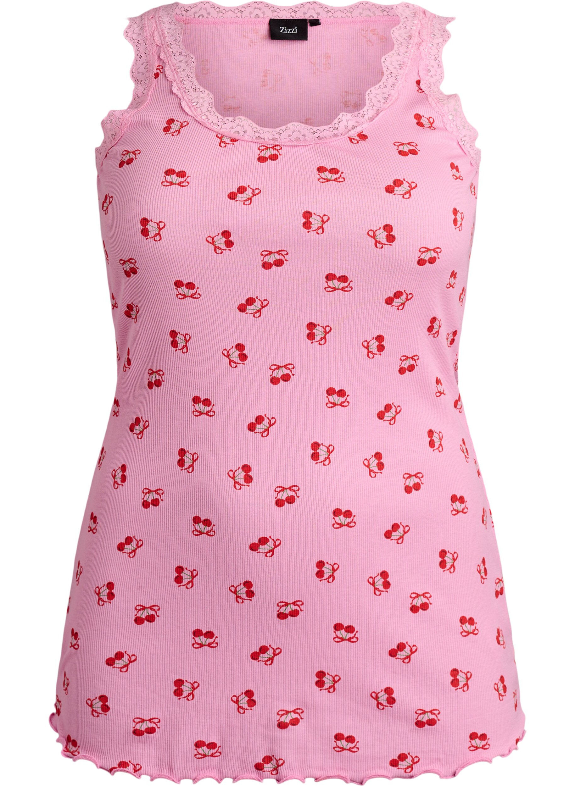 Zizzi Top med print og blondekant, Lyser&oslash;d, Packshot image number 0