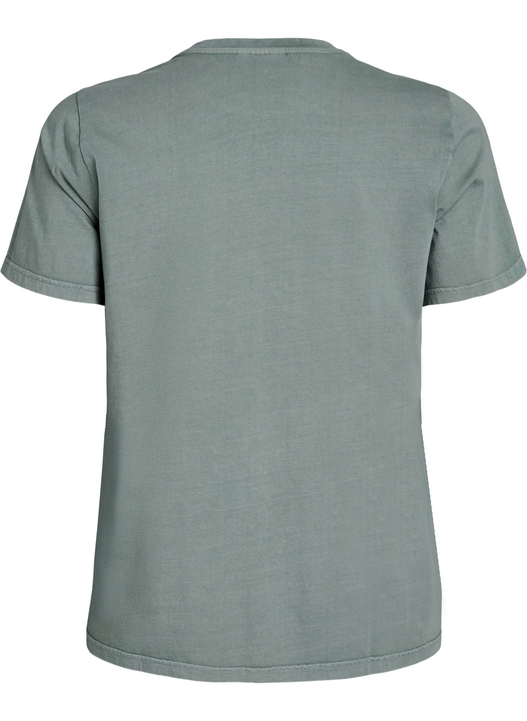 Zizzi T-shirt i &oslash;kologisk bomuld med tekst- og blomsterprint, Gr&oslash;n, Packshot image number 1