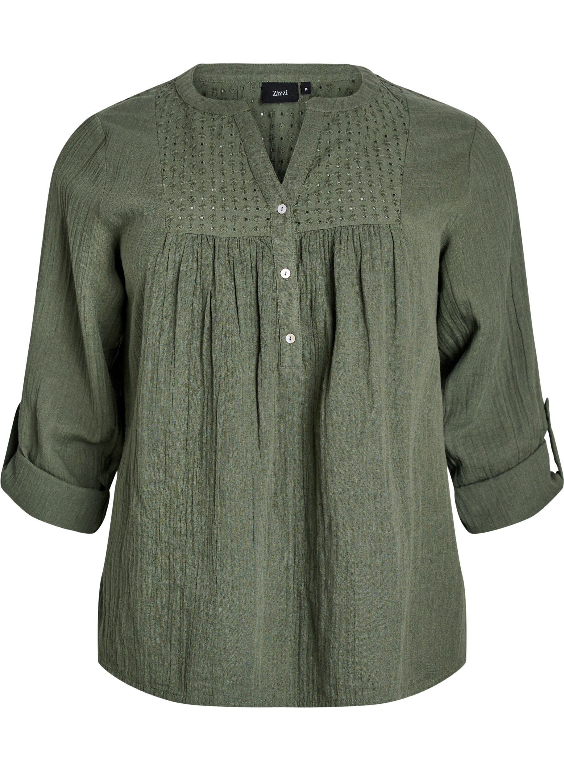 ZizziBluse i bomuldsmusselin med broderi anglaise, Gr&oslash;n, Packshot image number 0