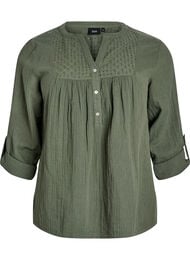 Bluse i bomuldsmusselin med broderi anglaise, Gr&oslash;n