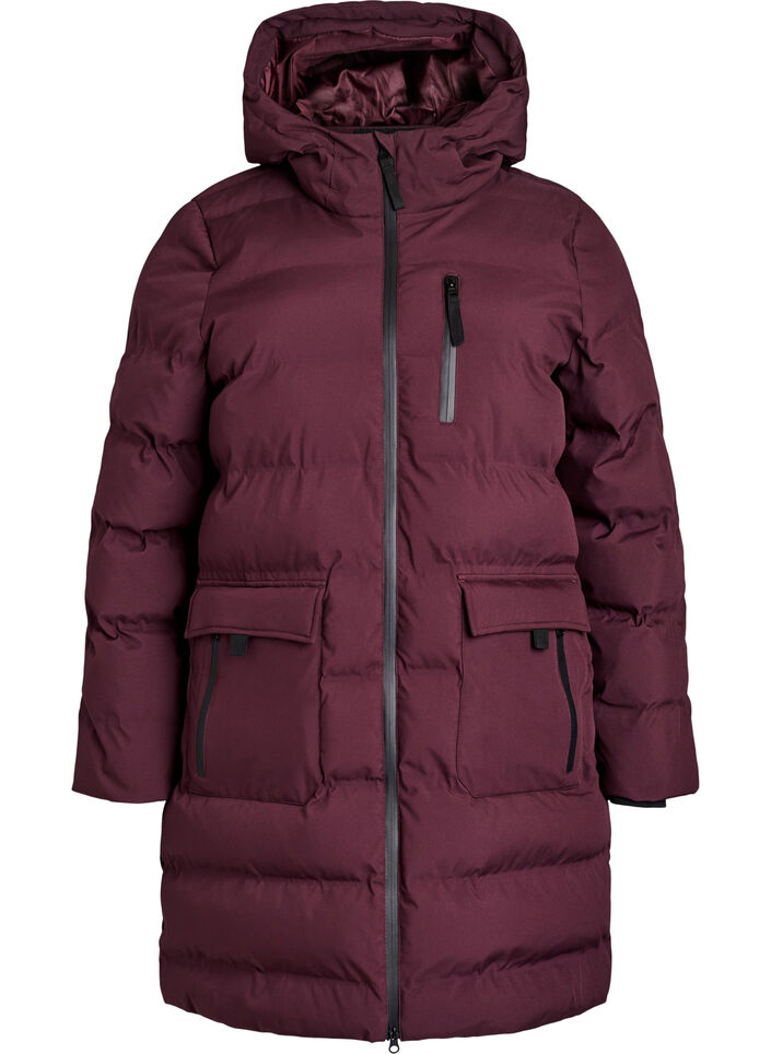 Pufferfrakke med h&aelig;tte og lommer, M&oslash;rk Bordeaux, Packshot image number 0