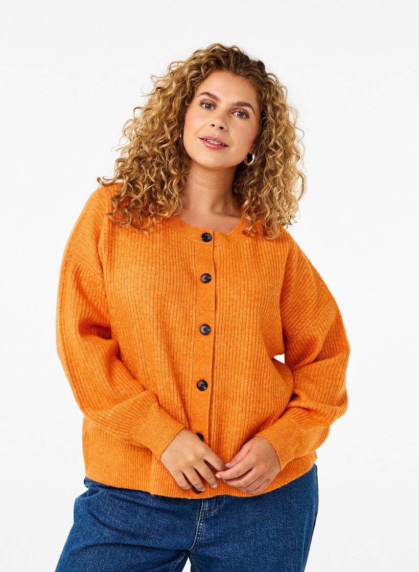 Ribstrikket cardigan med knapper, Orange, Model image number 0
