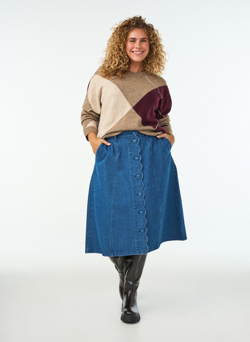 A-formet denimnederdel med b&oslash;lget knapstolpe, Bl&aring;, Model image number 0