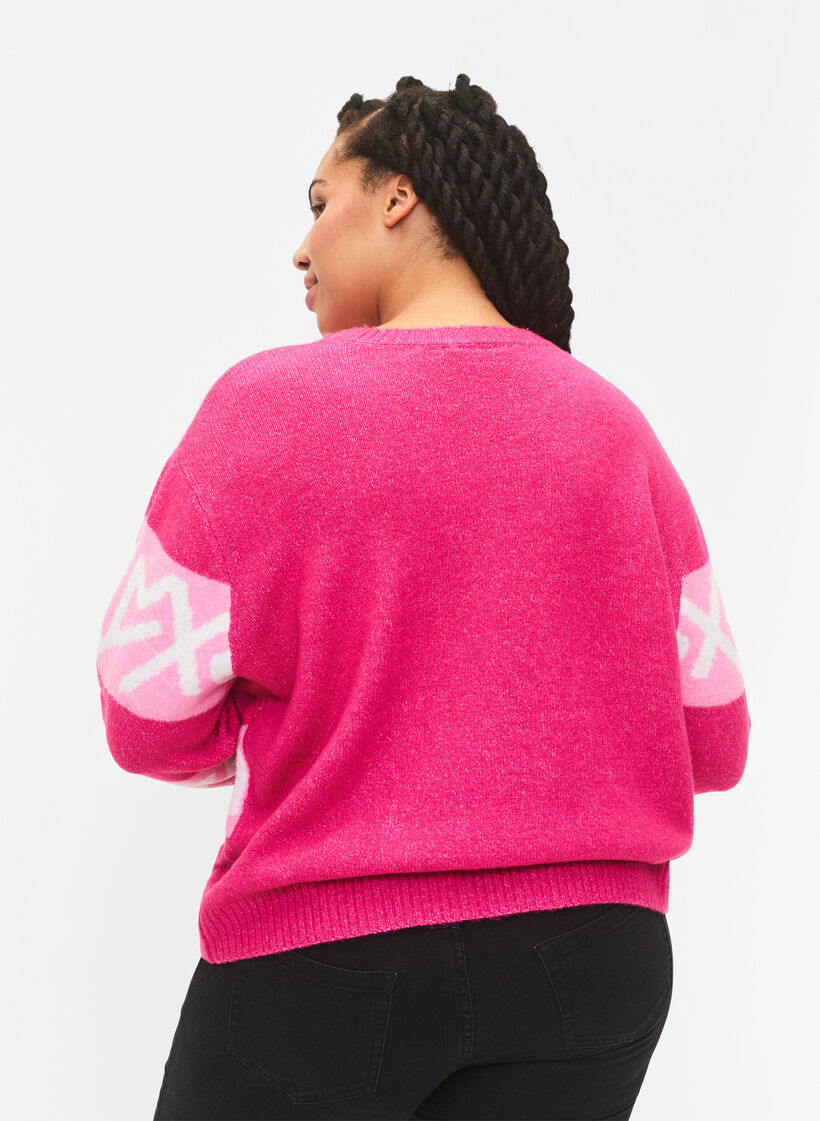 Stribet strikbluse med grafisk mønster, Raspberry Rose Comb, Model image number 1