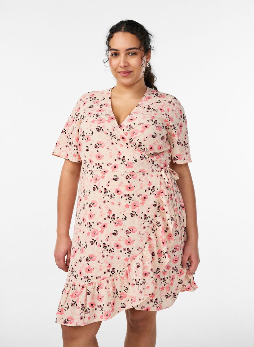 Blomstret wrapkjole med korte &aelig;rmer, R&oslash;d, Model image number 0