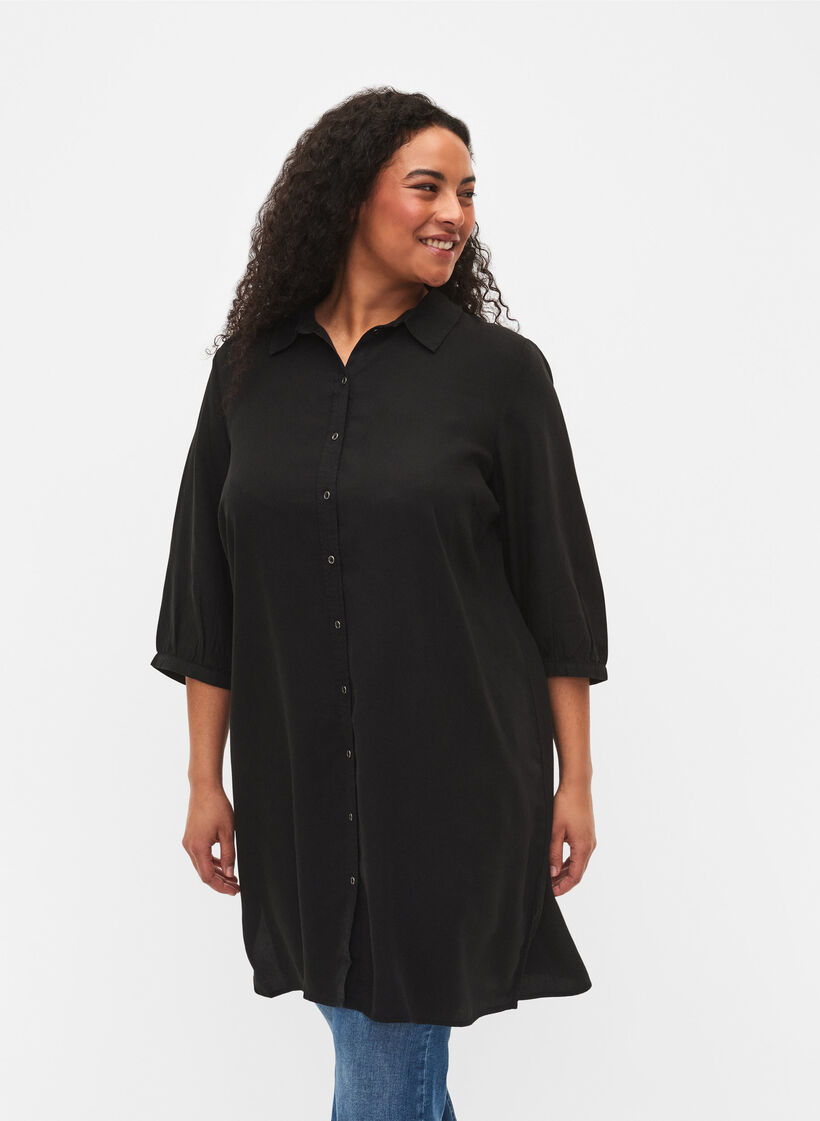 Lang skjorte med 3/4 ærmer i lyocell (TENCEL™), Black, Model image number 0