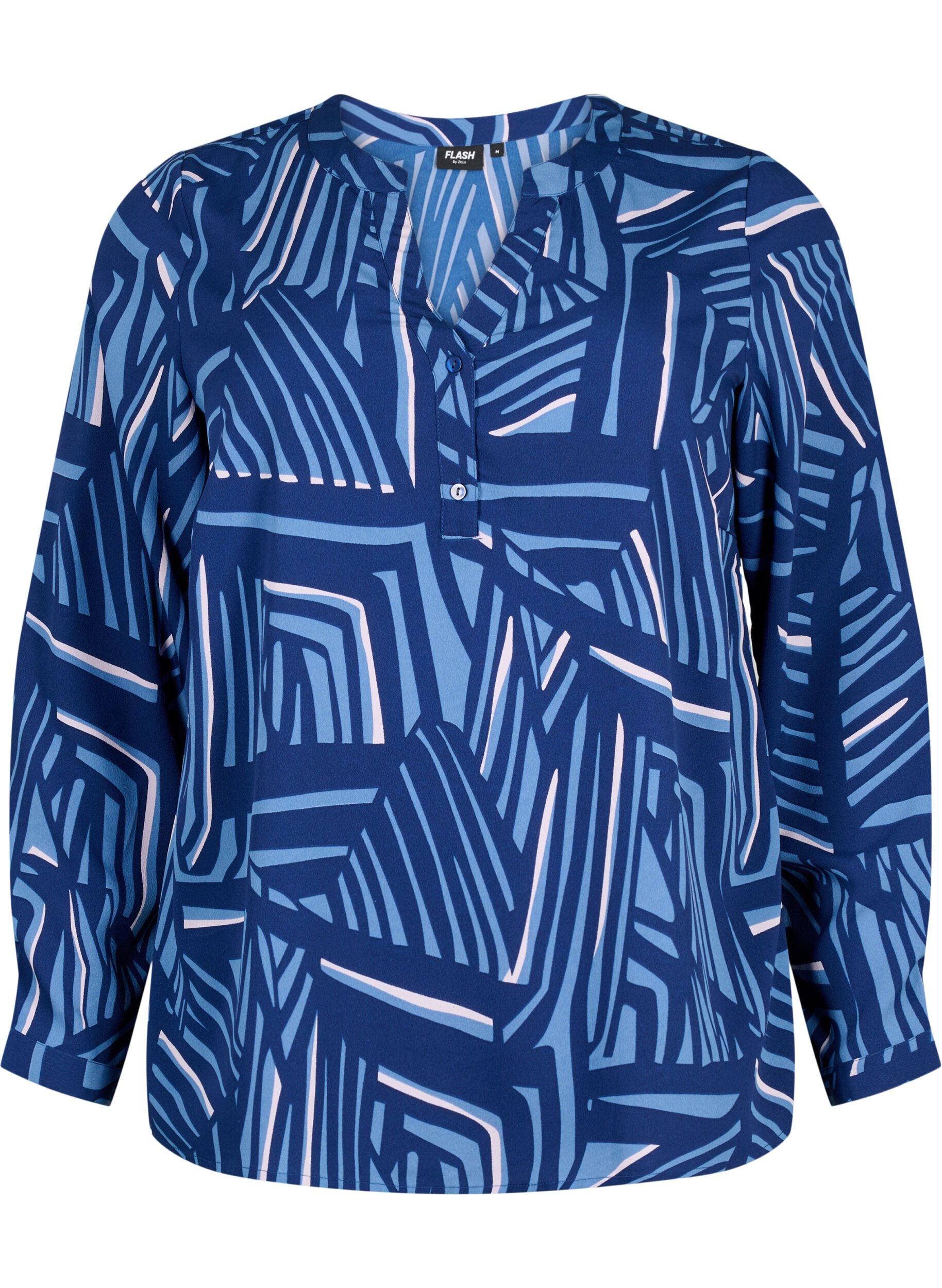Zizzi FLASH - Lang&aelig;rmet bluse med print, Medieval Blue AOP, Packshot image number 0