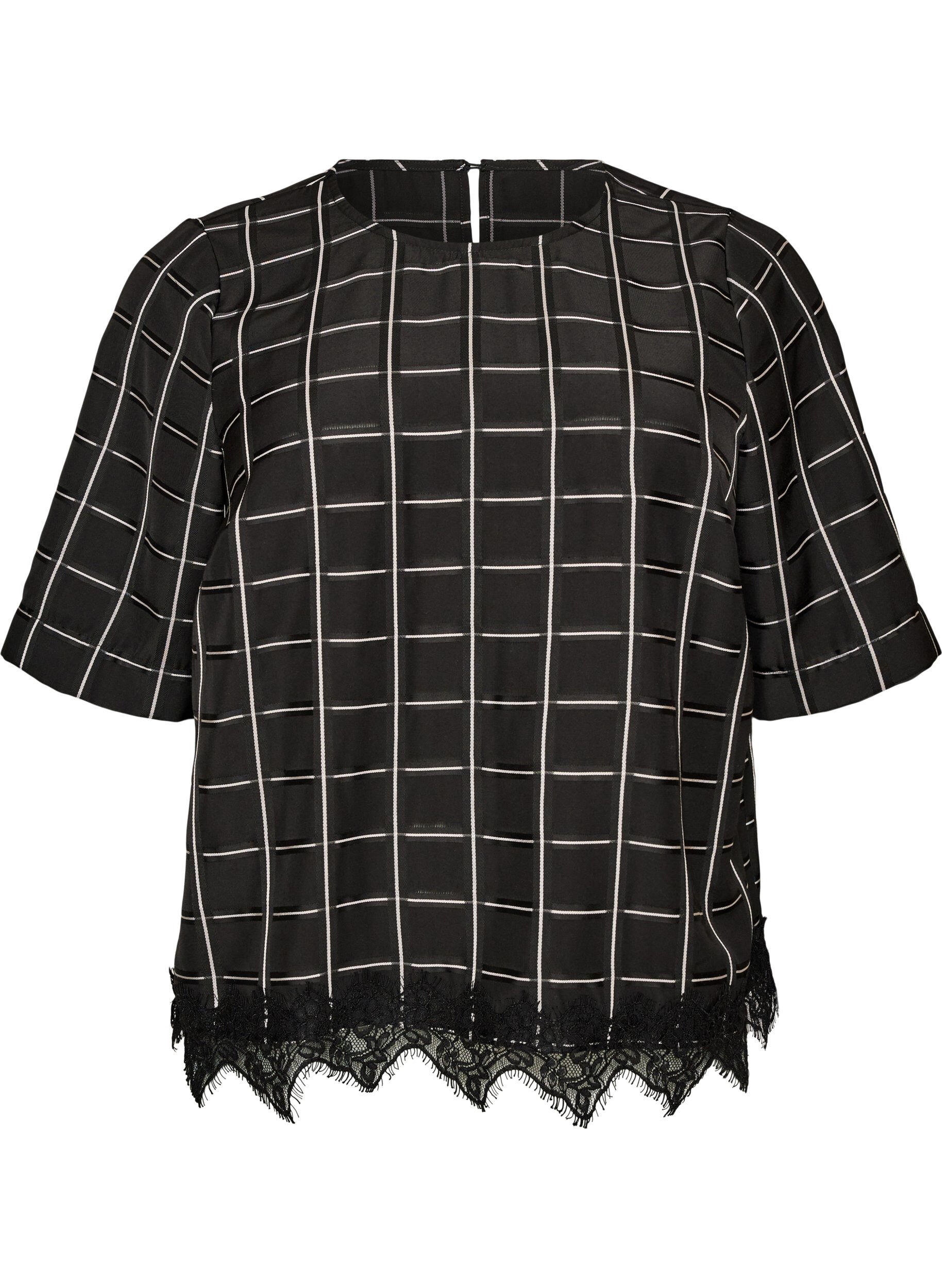 ZizziTernet bluse med blondekant og albuelange &aelig;rmer, Sort, Packshot image number 0