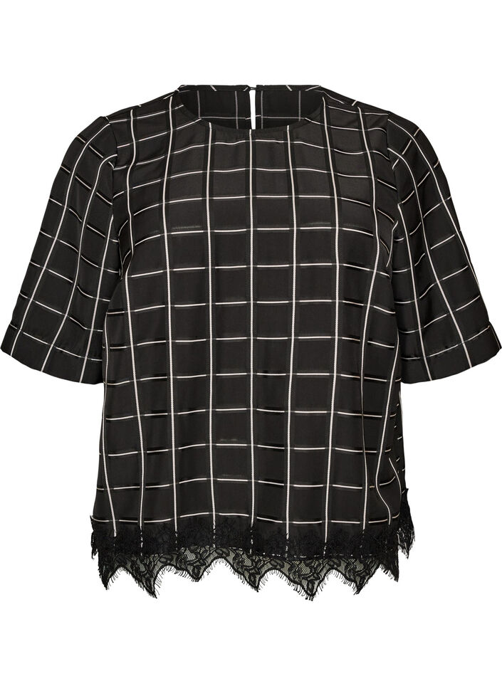 Ternet bluse med blondekant og albuelange &aelig;rmer, Sort, Packshot image number 0