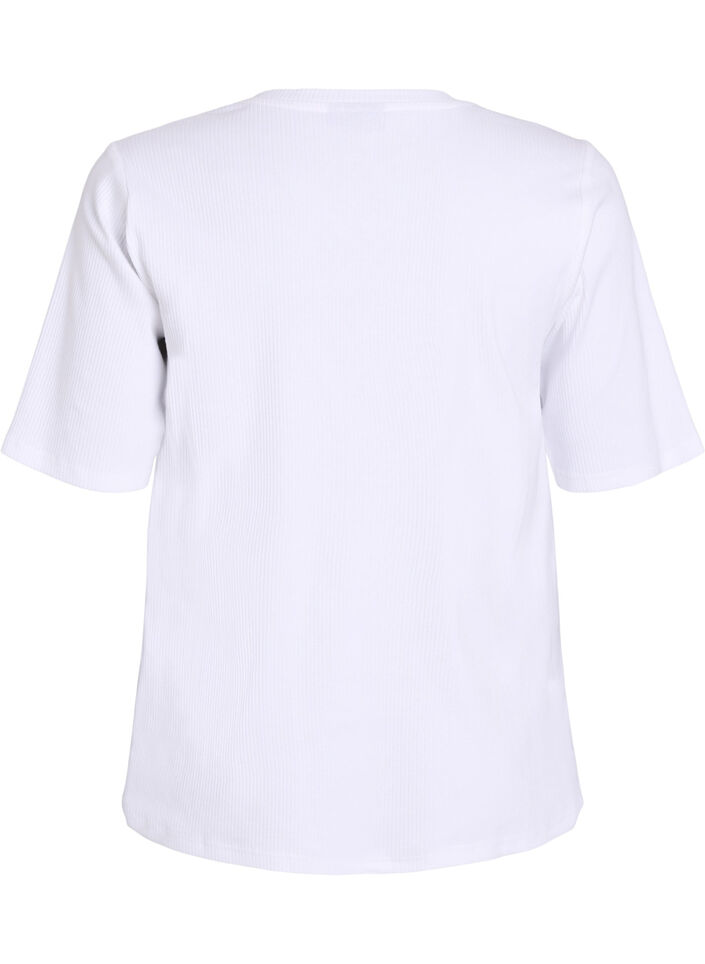 Ribbet jerseybluse med korte &aelig;rmer, Hvid, Packshot image number 1