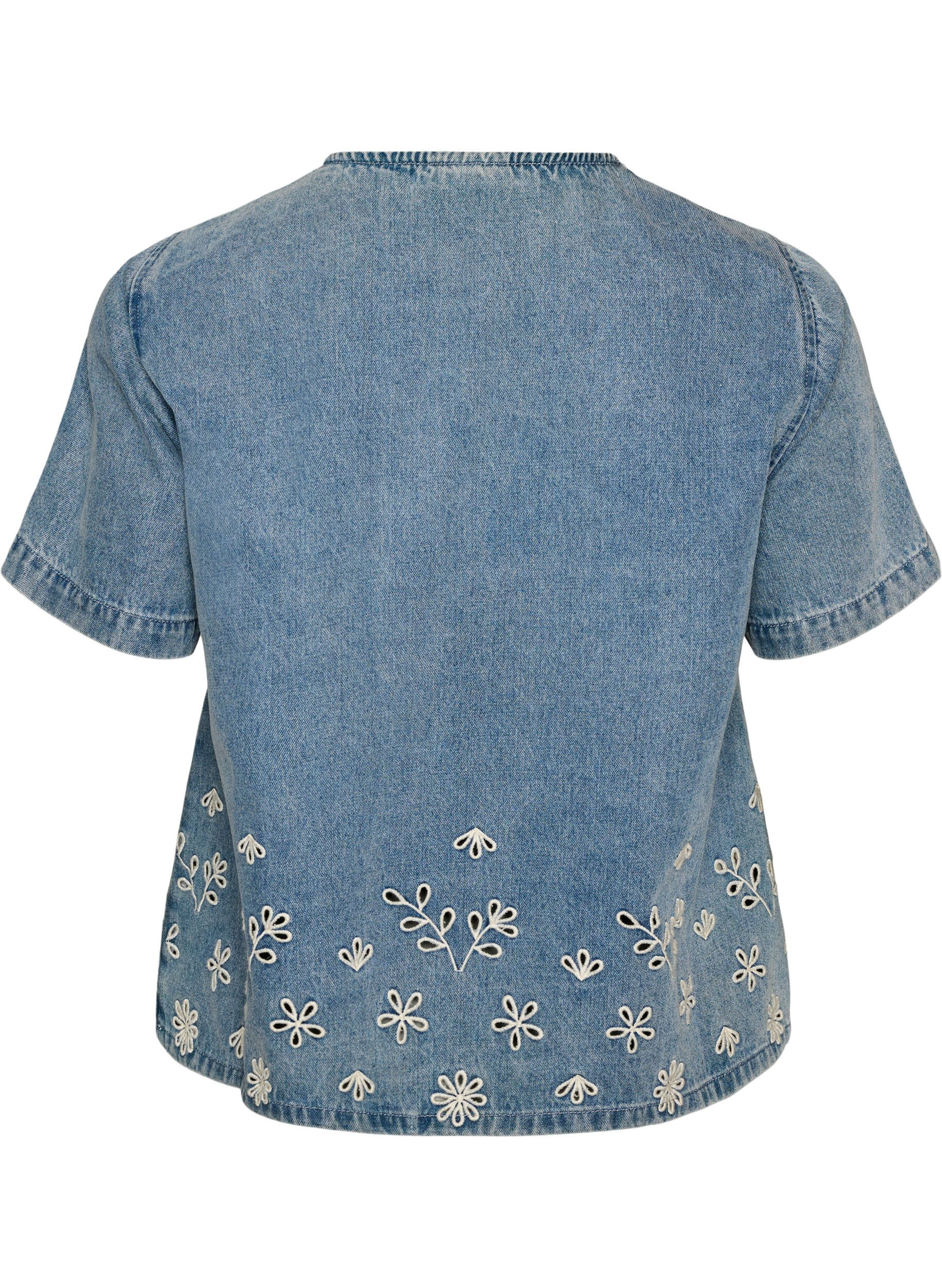 ZizziKort&aelig;rmet denimbluse med broderie anglaise, Bl&aring;, Packshot image number 1