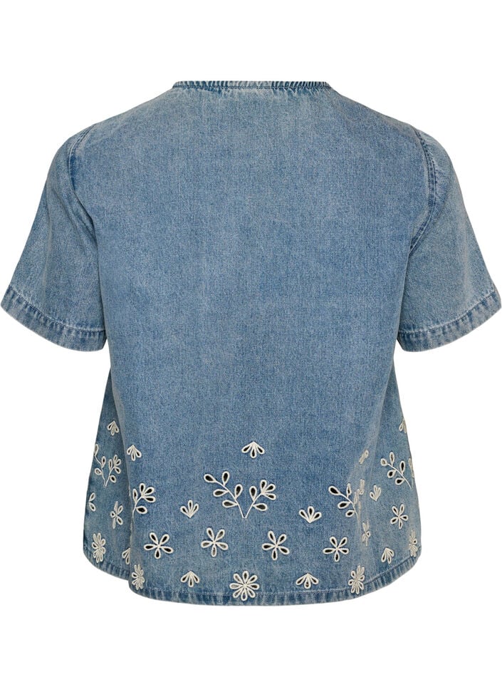 Kort&aelig;rmet denimbluse med broderie anglaise, Bl&aring;, Packshot image number 1