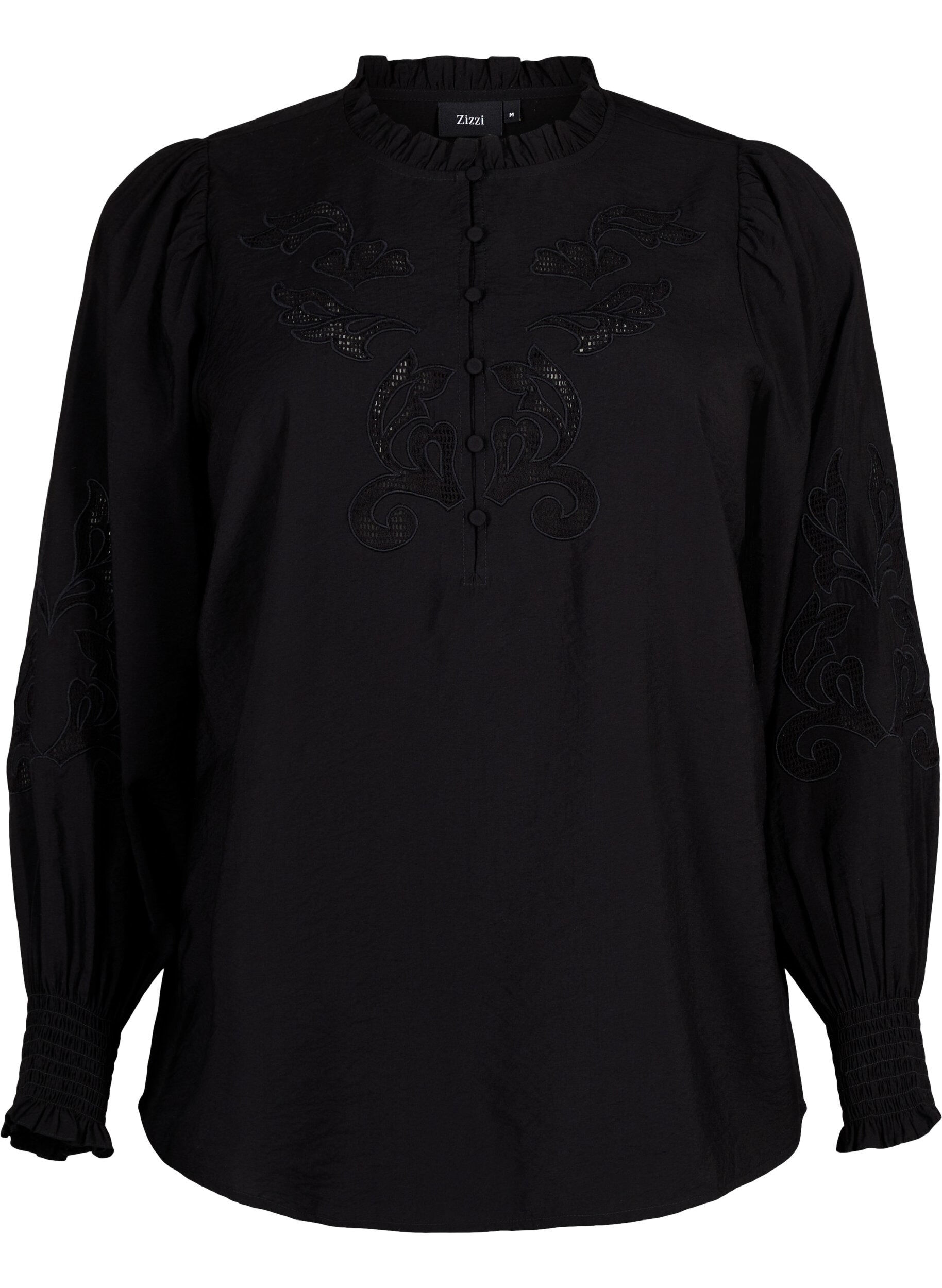 Zizzi Bluse med fl&aelig;ser og broderi anglaise, Black, Packshot image number 0