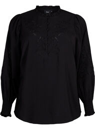Bluse med flæser og broderi anglaise, Black