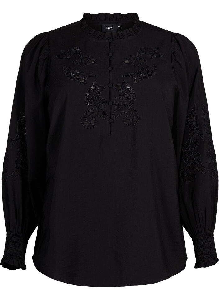 Bluse med flæser og broderi anglaise, Black, Packshot image number 0