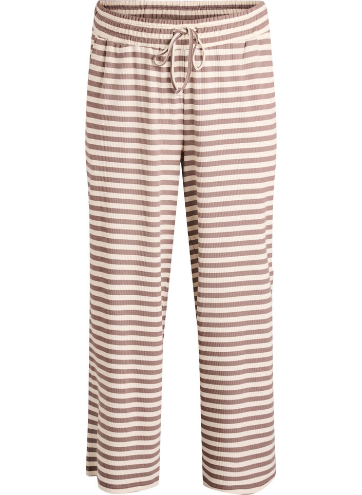Stribede natbukser med h&oslash;j talje og brede ben, Beige, Packshot image number 0