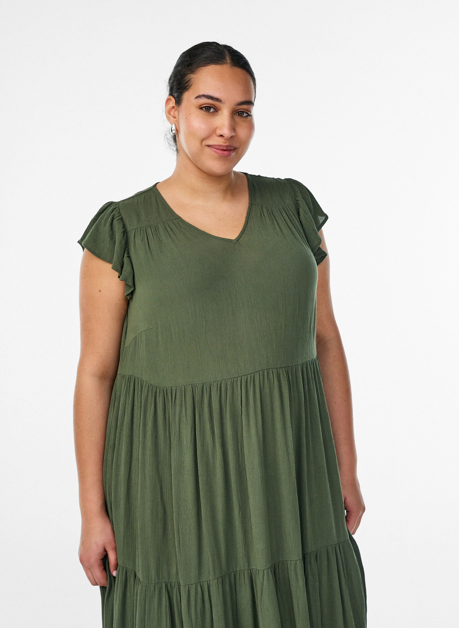 ZizziMidikjole i viskose med fl&aelig;se&aelig;rmer, Gr&oslash;n, Model image number 3