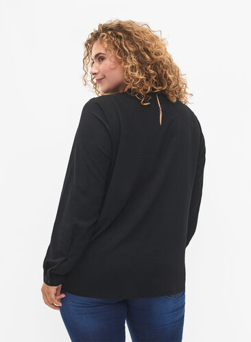 Bluse med lange ærmer og blondedetalje, Black, Model image number 1