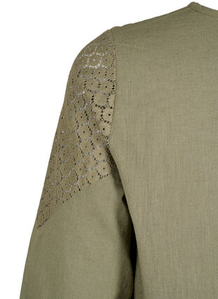 Bluse i bomuldsmix med hør og crochetdetalje, Deep Lichen Green, Packshot image number 3