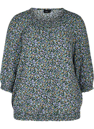 Blomstret bluse med smock, Black AOP, Packshot image number 0