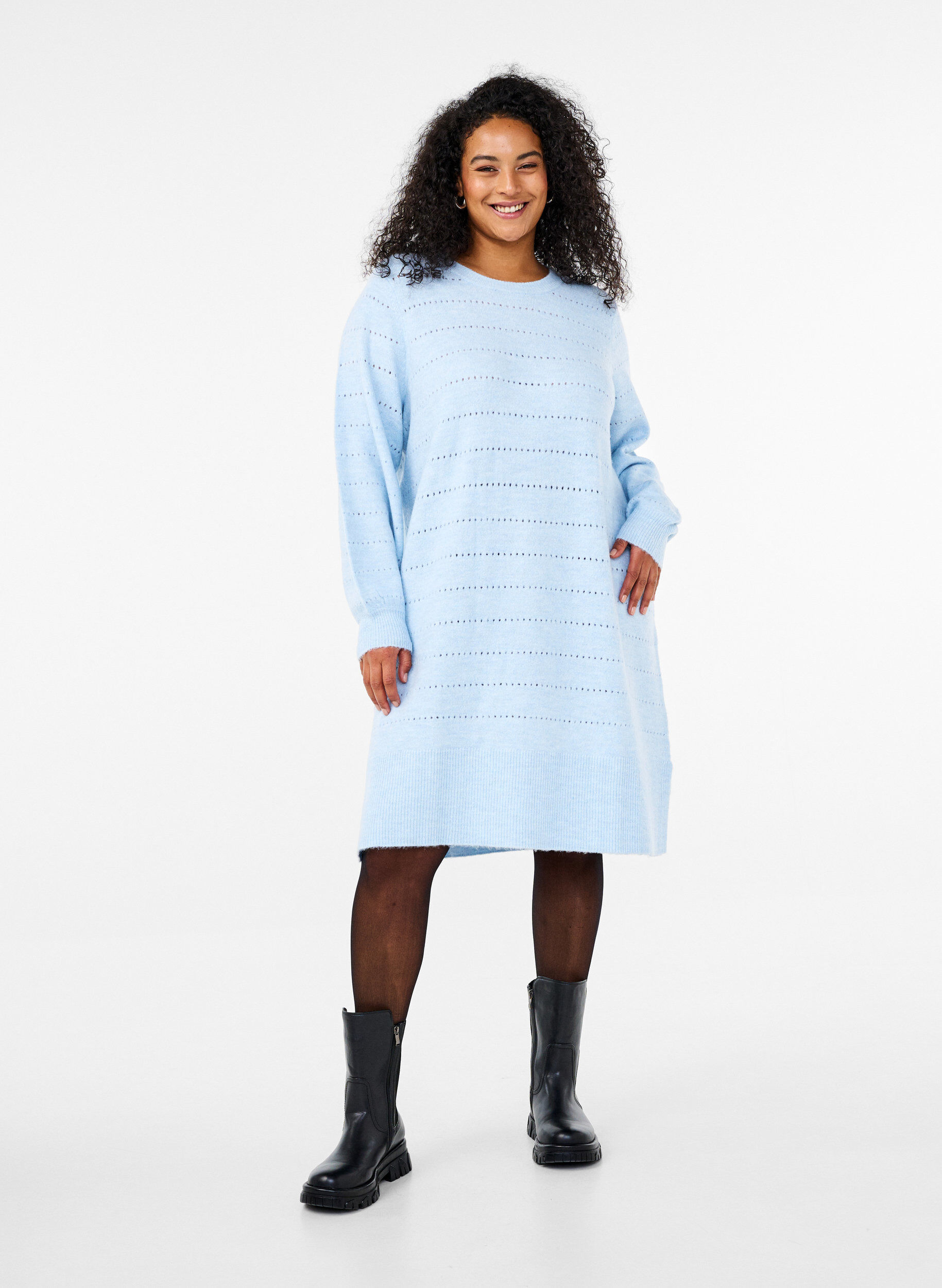 Zizzi Strikkjole med slids og hulm&oslash;nster, Cashmere Blue Mel., Model image number 2