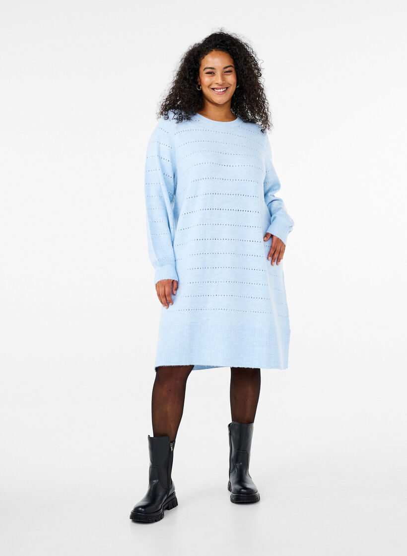Strikkjole med slids og hulmønster, Cashmere Blue Mel., Model image number 2