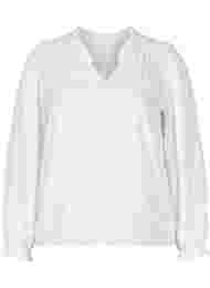 Langærmet bluse med smock- og flæsedetaljer, Bright White