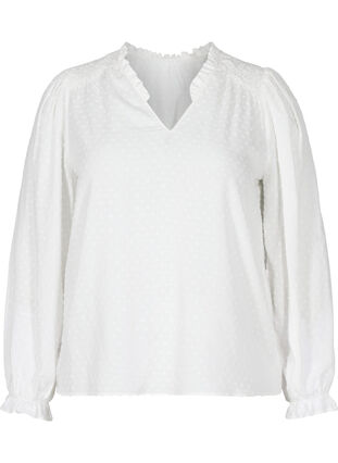 Langærmet bluse med smock- og flæsedetaljer, Bright White, Packshot image number 0