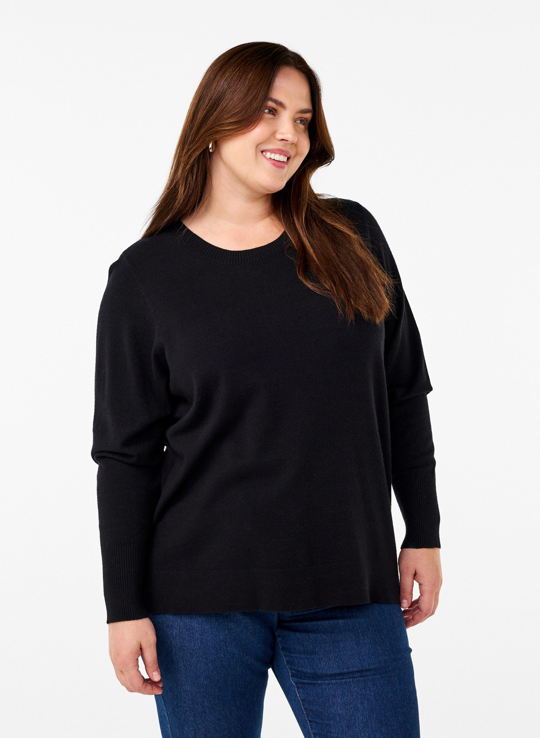 ZizziStrikbluse med rund hals, Sort, Model image number 0