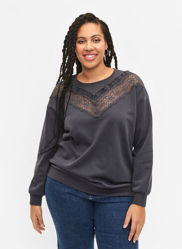 Sweatshirt med flæse og crochet detalje, Dark Grey, Model image number 0