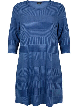Kjole med 3/4 ærmer og stribet mønster, Estate Blue Melange, Packshot image number 0