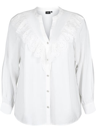 Skjortebluse i viskose med flæser, Bright White, Packshot image number 0