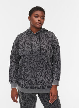 Økologisk bomulds sweatshirt med hætte i leo print, Grey Leo Acid Wash, Model image number 0