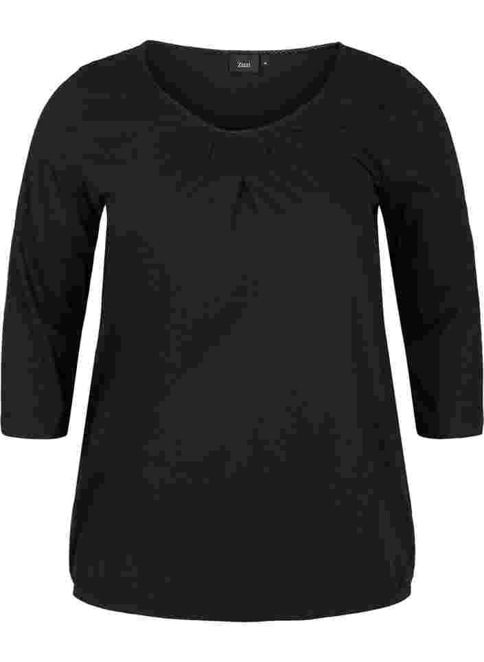 Ensfarvet bluse med 3/4 ærmer i bomuld, Black, Packshot image number 0