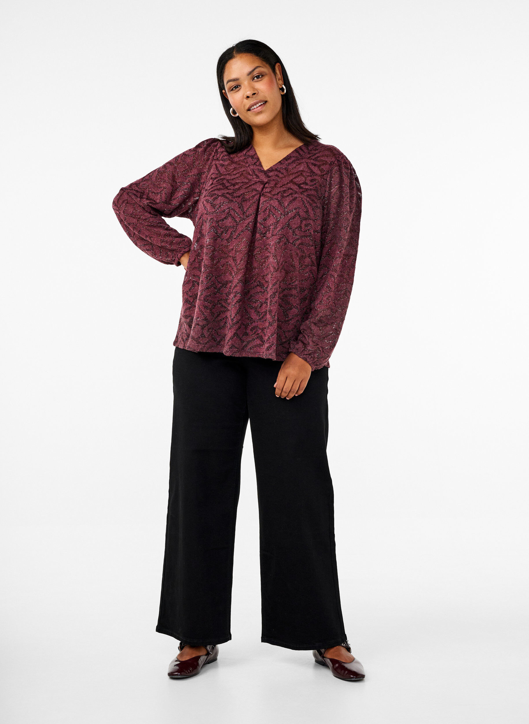 Zizzi Lang&aelig;rmet bluse med glimmer og m&oslash;nster, R&oslash;d, Model image number 1