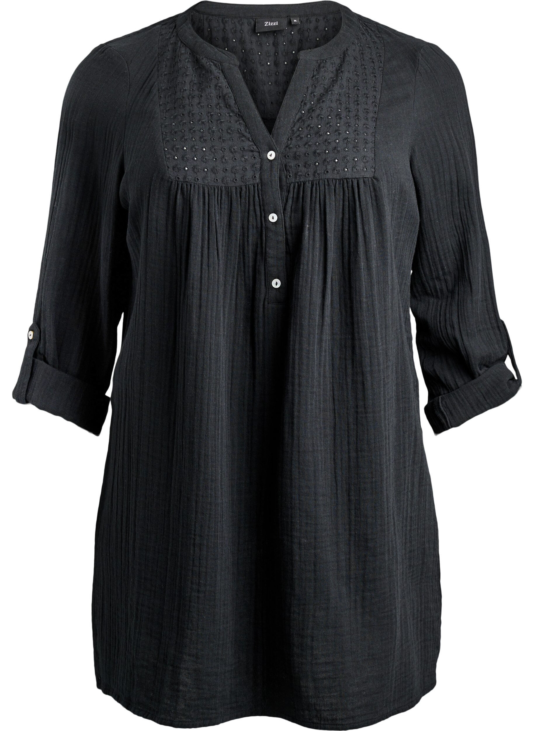 ZizziTunika i bomuldsmusselin med broderi anglaise, Sort, Packshot image number 0