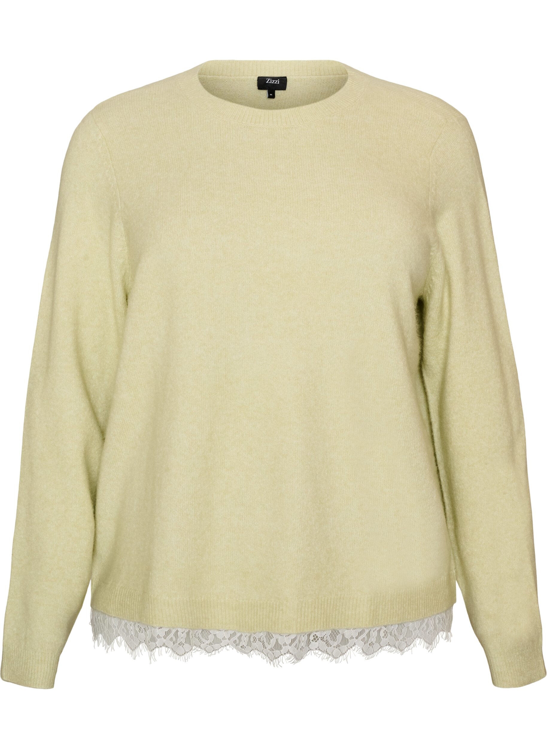 ZizziStrikbluse med blondekant forneden, Gr&oslash;n, Packshot image number 0