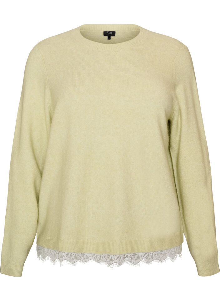 Strikbluse med blondekant forneden, Gr&oslash;n, Packshot image number 0