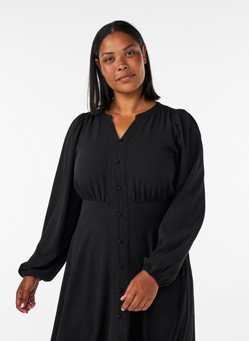 Midikjole med smock og dekorative knapper, Sort, Model image number 2