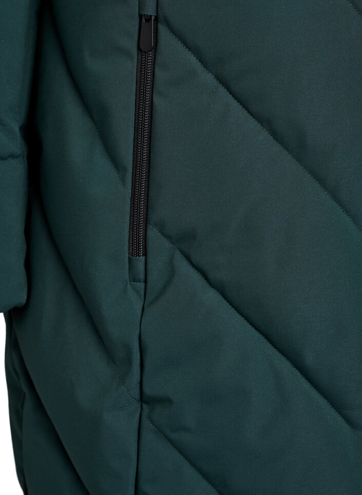 Lang vinterjakke med h&aelig;tte og imiteret pelskrave, Gr&oslash;n, Packshot image number 3