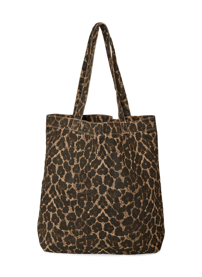 Shoppingbag i denim med leopardm&oslash;nster, Brun, Packshot image number 0