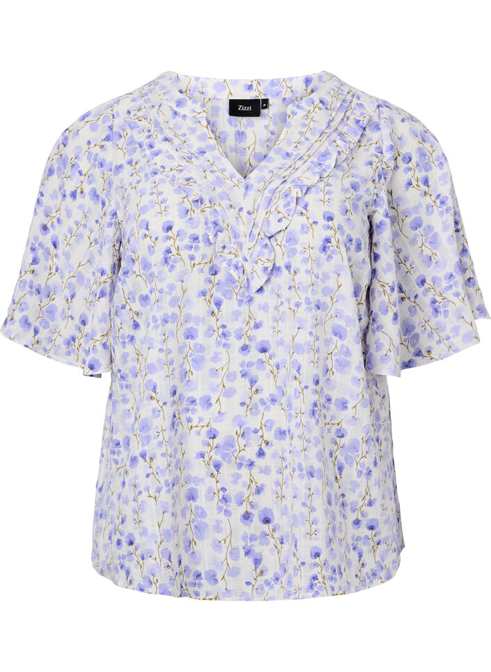 Kortærmet bluse med v-hals og blomsterprint, Hvid, Packshot image number 0