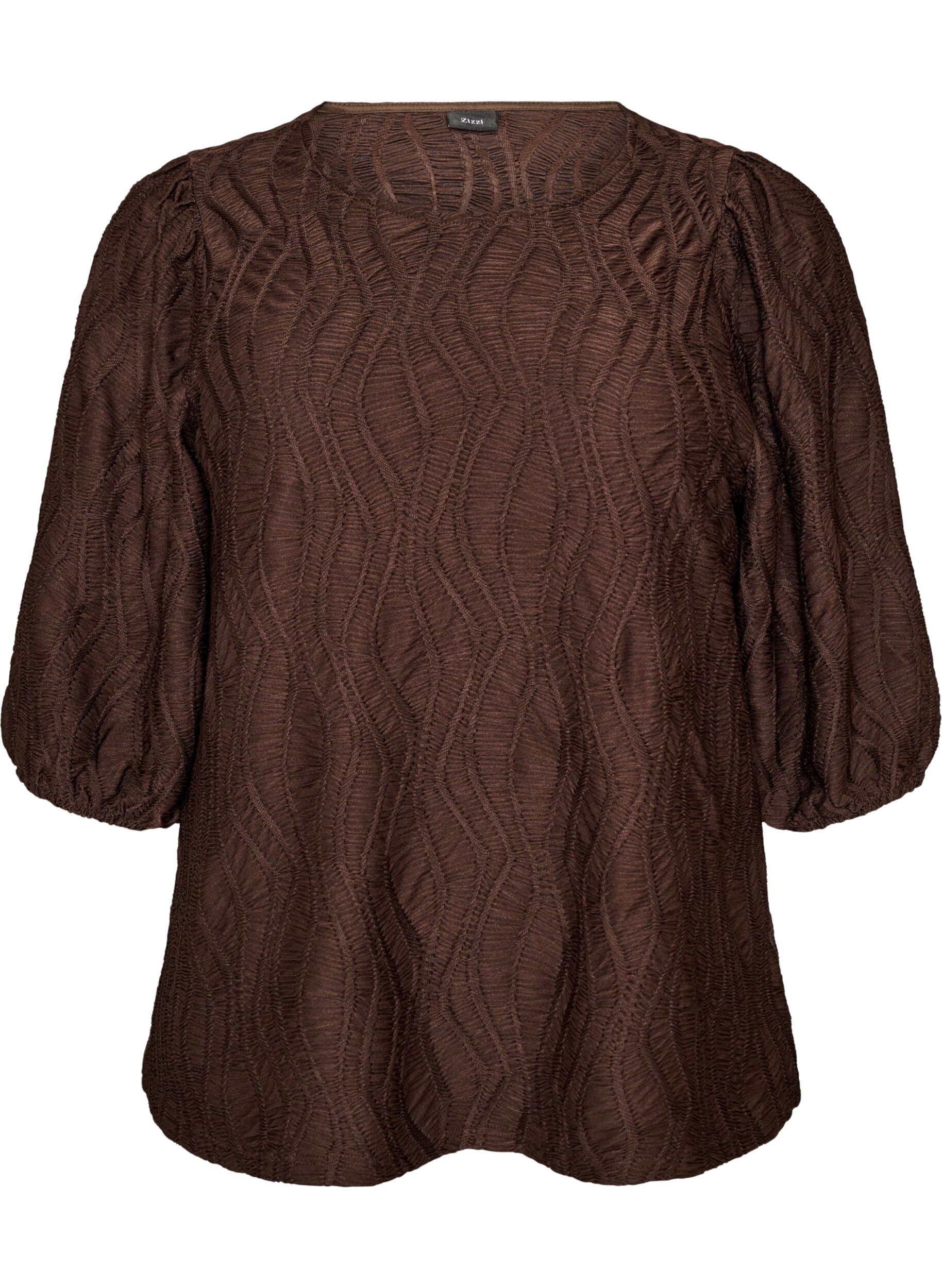 ZizziBluse med tekstur og 3/4 &aelig;rmer, Brun, Packshot image number 0