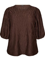Bluse med tekstur og 3/4 &aelig;rmer, Brun