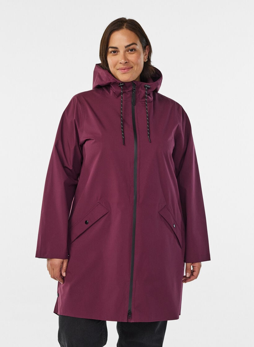 Regnjakke med lommer og h&aelig;tte, M&oslash;rk Bordeaux, Model image number 0