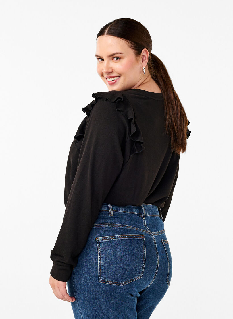 Langærmet bluse med flæsedetaljer, Black, Model image number 1