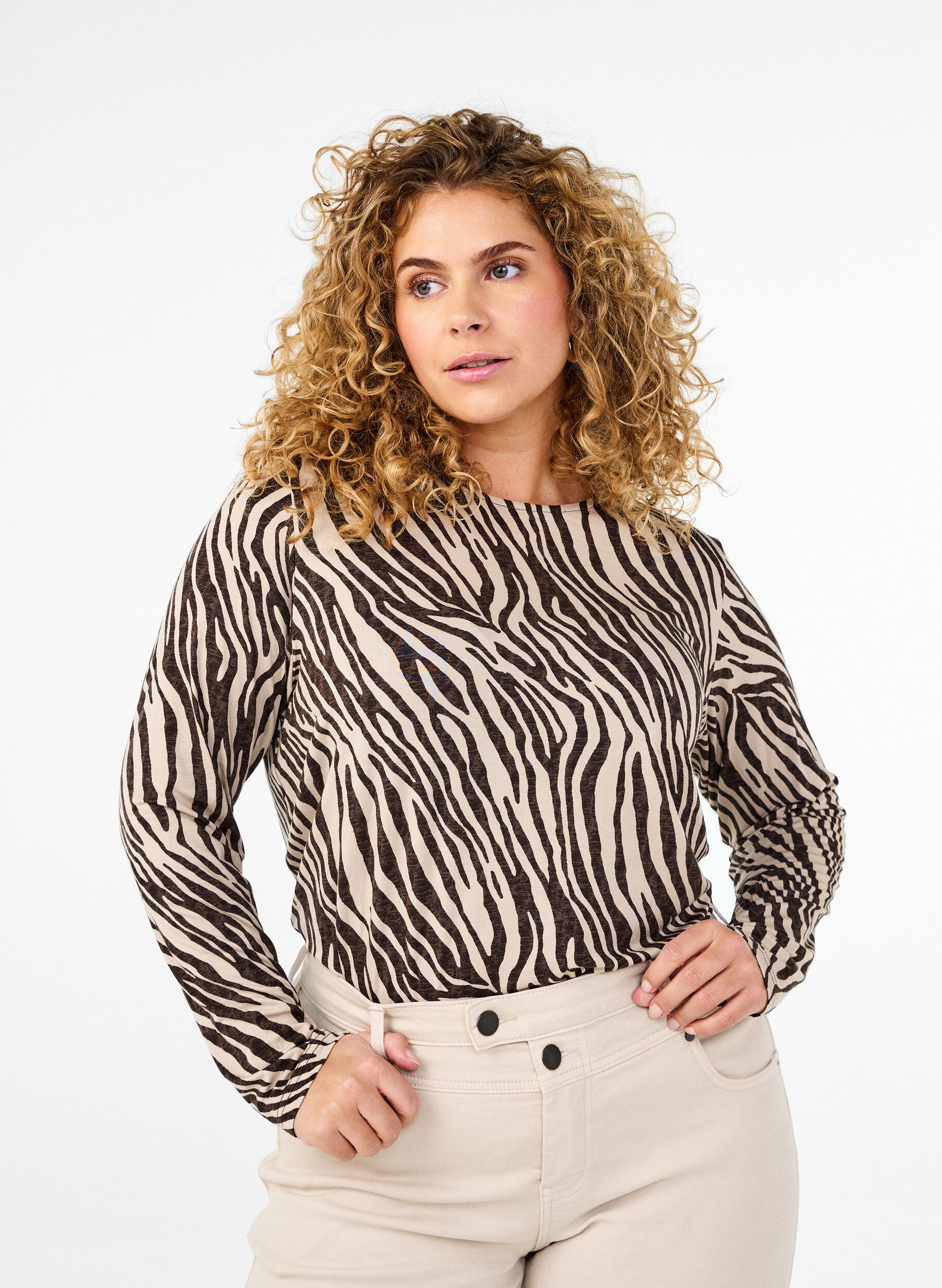 Zizzi Lang&aelig;rmet bluse med striber, Brun, Model image number 0