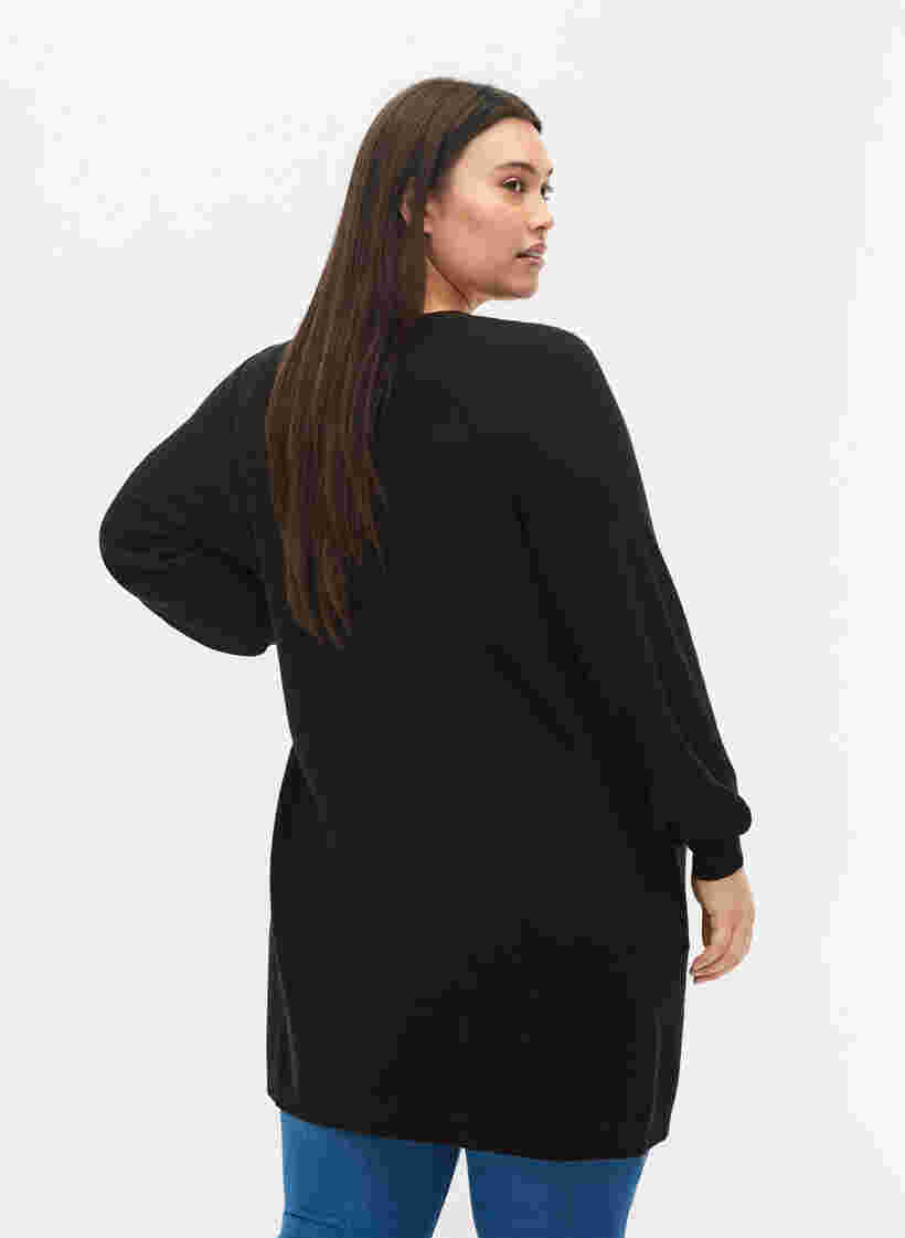 Lang strikket cardigan med ballonærmer, Black, Model image number 1