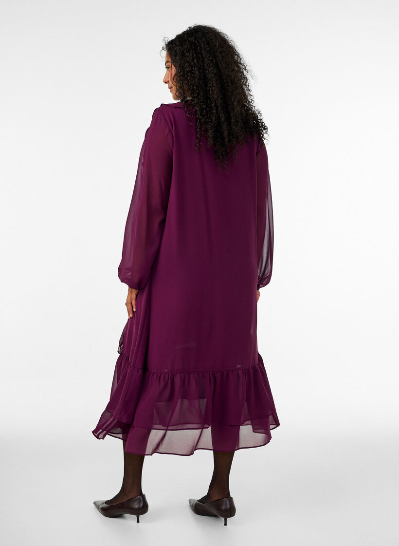 Festkjole med fl&aelig;sedetaljer og V-udsk&aelig;ring, R&oslash;d, Model image number 1