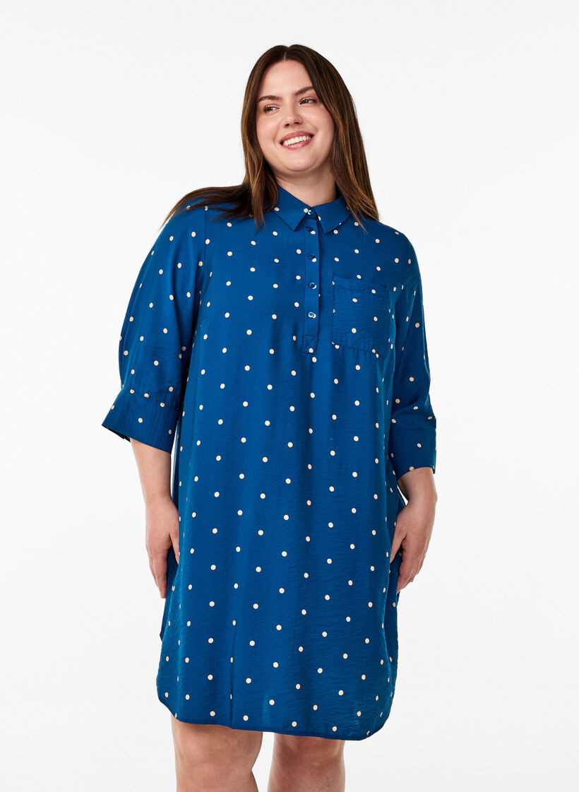 Kort kjole med krave og brystlomme, Bl&aring;, Model image number 0